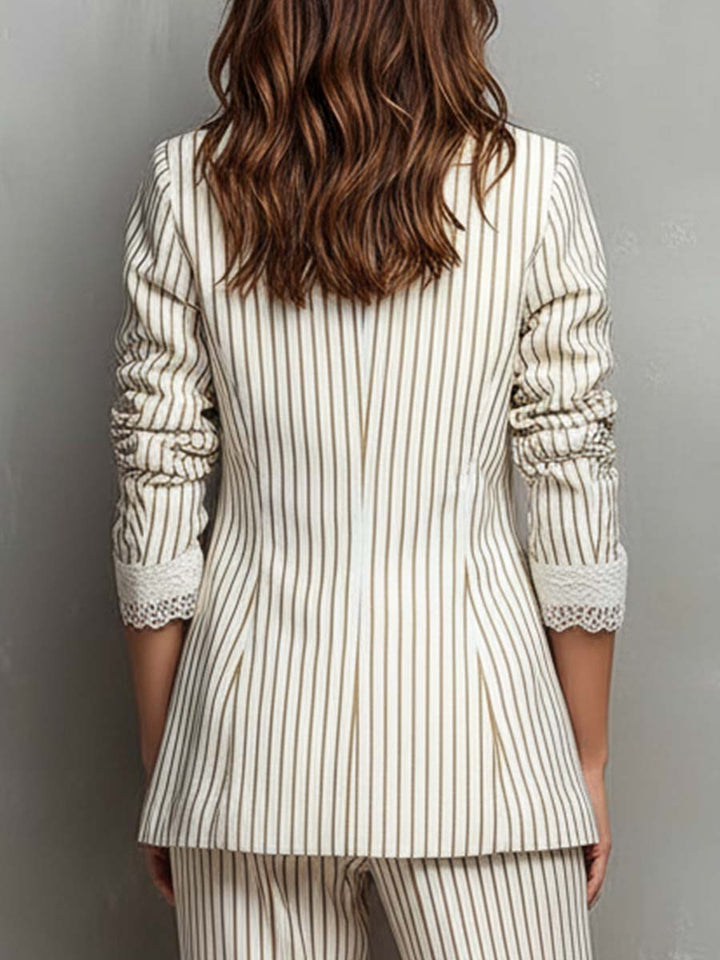 White striped lace short-sleeved blazer, back view with lace-trimmed cuffs