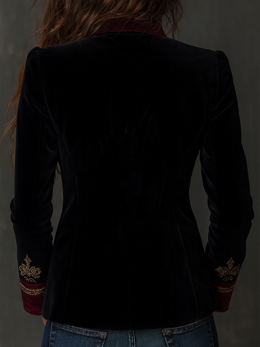Back view velvet blazer with gold baroque cuff trim, black