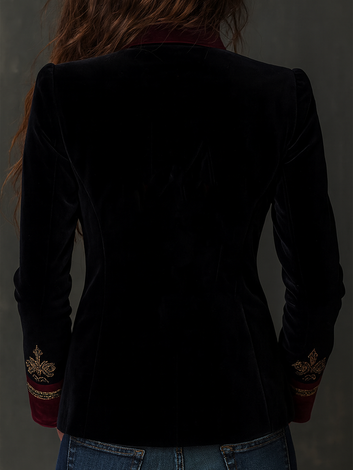 Back view velvet blazer with gold baroque cuff trim, black