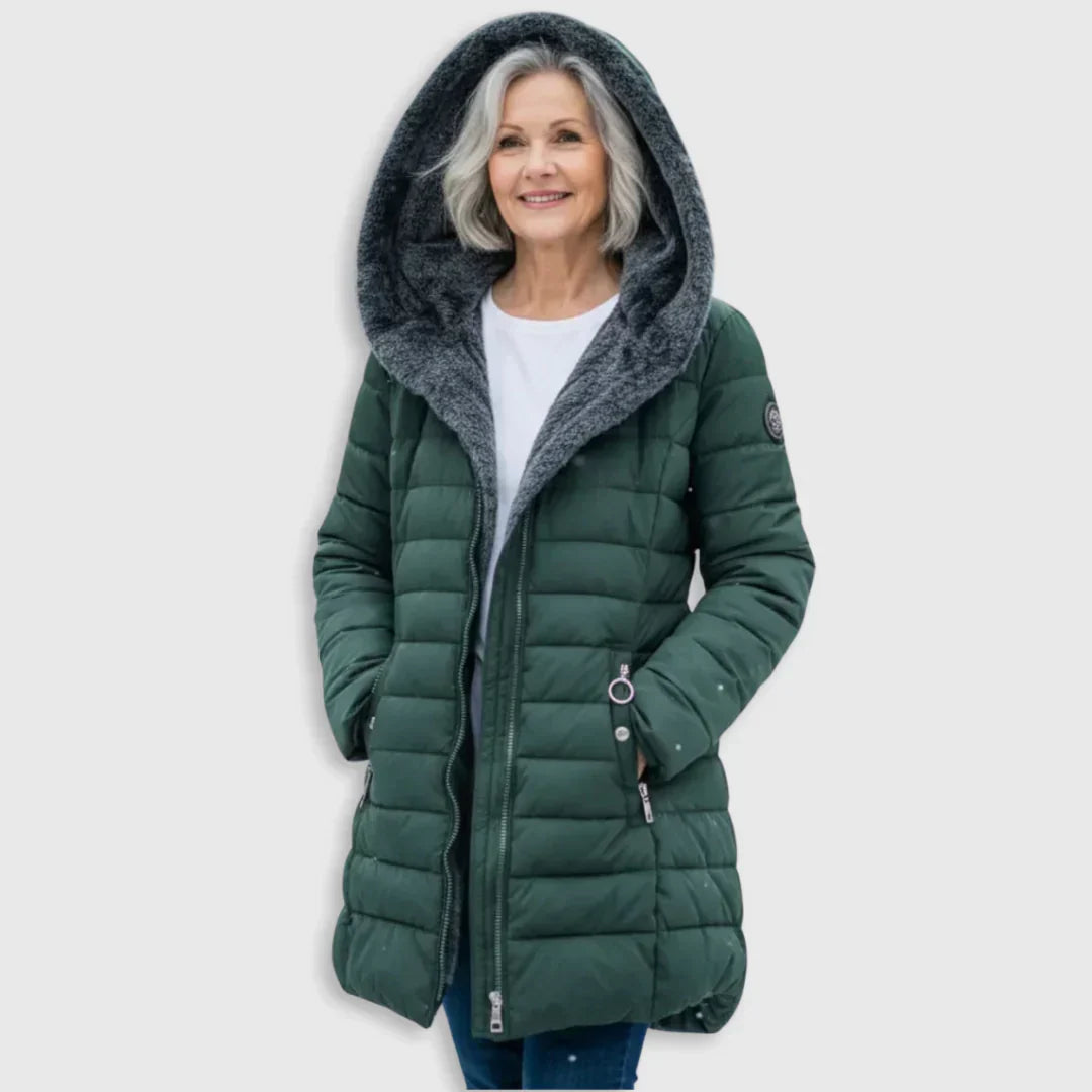 Dark green padded winter jacket with gray hood lining, front zipper, side pockets.