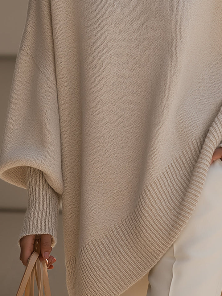 Beige knit wool-blend jumper with asymmetrical drape and ribbed cuff detail