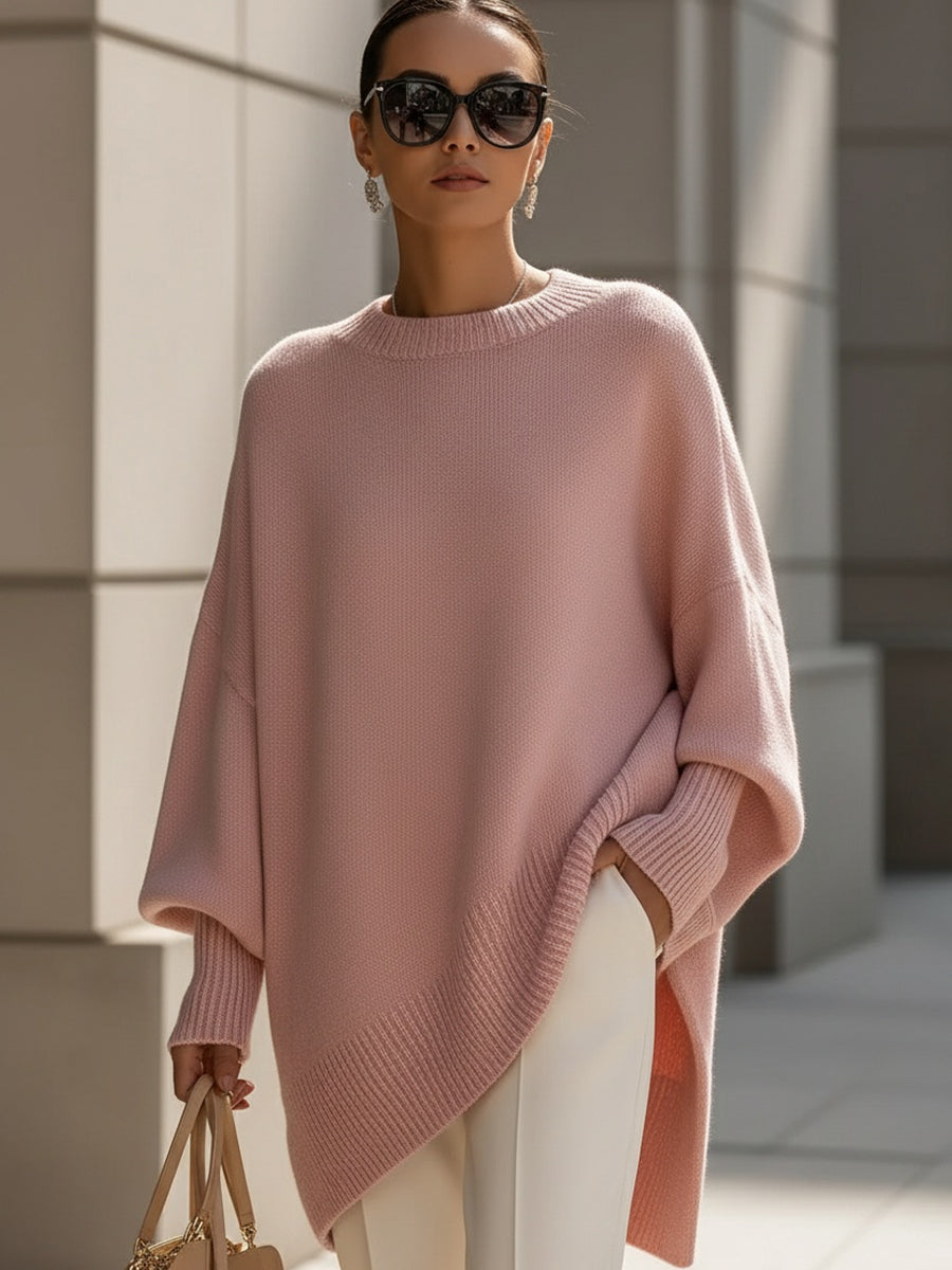 Pink oversized wool-blend jumper with crew neck and ribbed cuffs