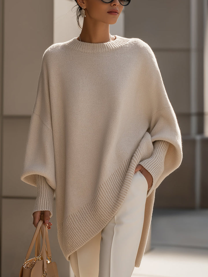 Beige oversized wool-blend jumper with dropped shoulders and ribbed neckline