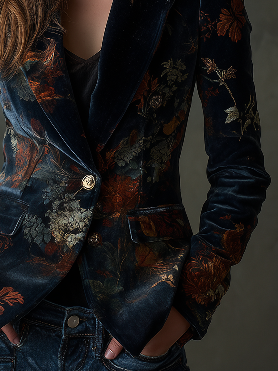 Vintage floral velvet blazer showing gold button front and sleeve print, dark blue