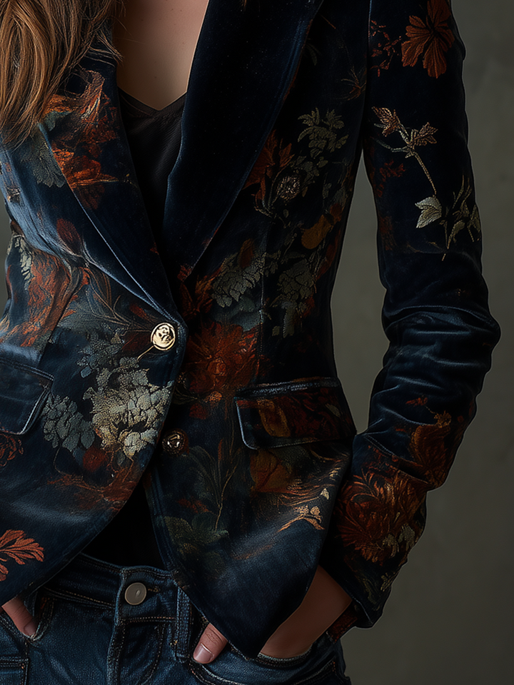 Vintage floral velvet blazer showing gold button front and sleeve print, dark blue
