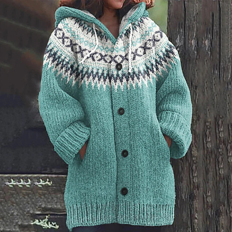 Teal knit hooded vest with button front and ribbed hem