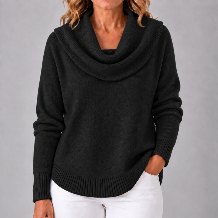 Black cowl neck knit sweater with draped cowl, long sleeves, ribbed cuffs and hem