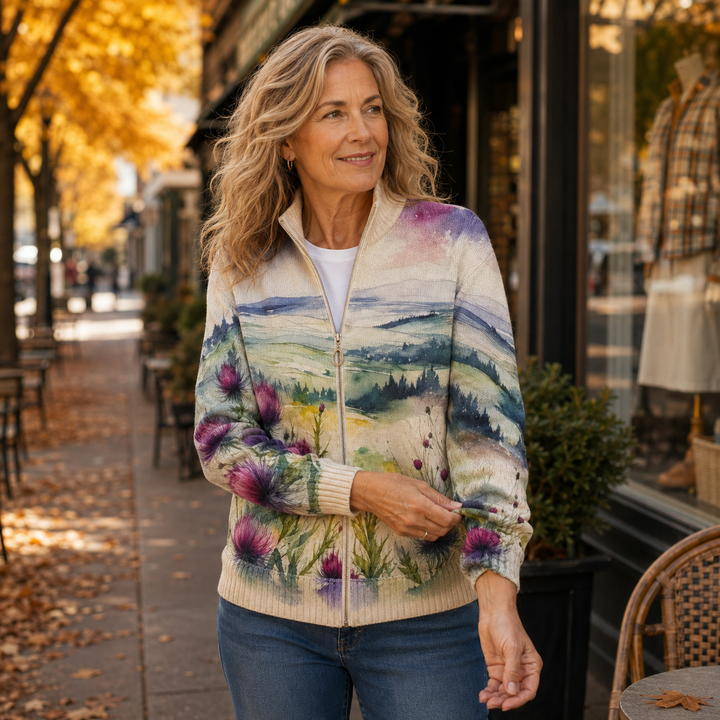 Watercolor floral landscape cardigan with zip front and ribbed knit cuffs