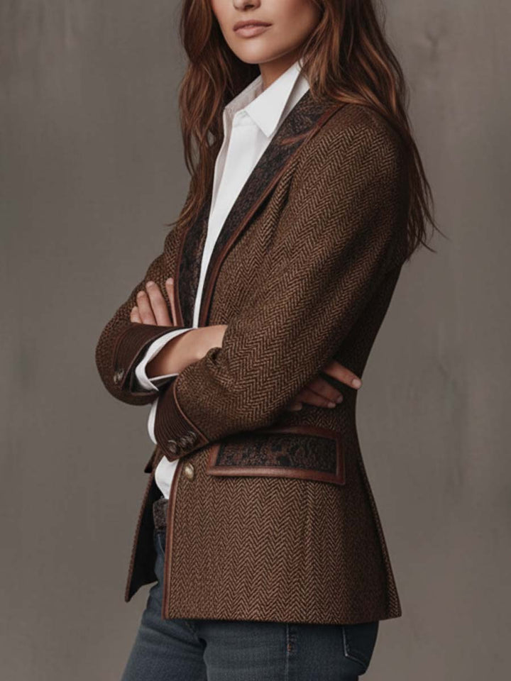 Brown herringbone tweed blazer with dark printed side panels and slim notched lapel