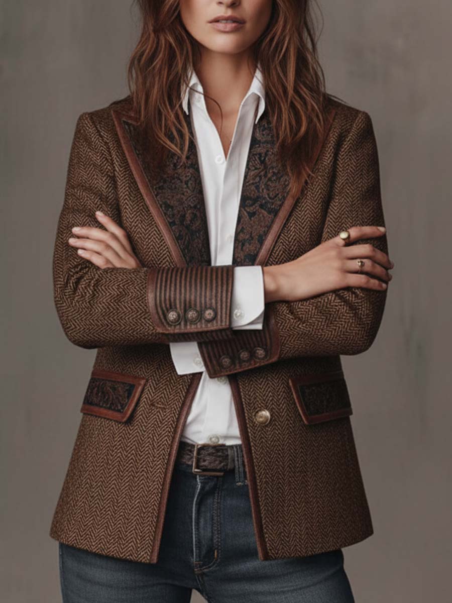 Brown tweed blazer with dark printed inserts, double-button cuffs, and chest pockets