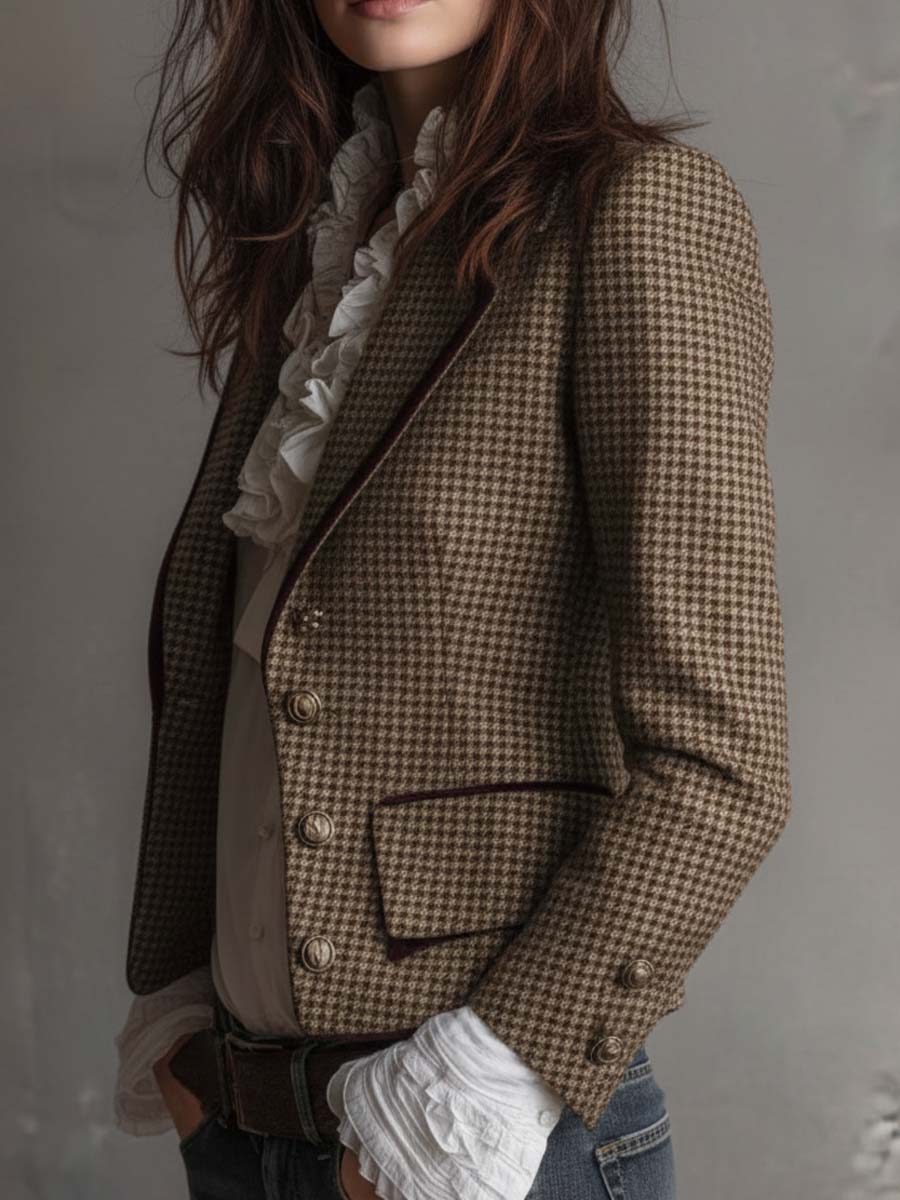 Brown houndstooth tweed blazer with dark-trimmed lapel, front pockets, and metal buttons