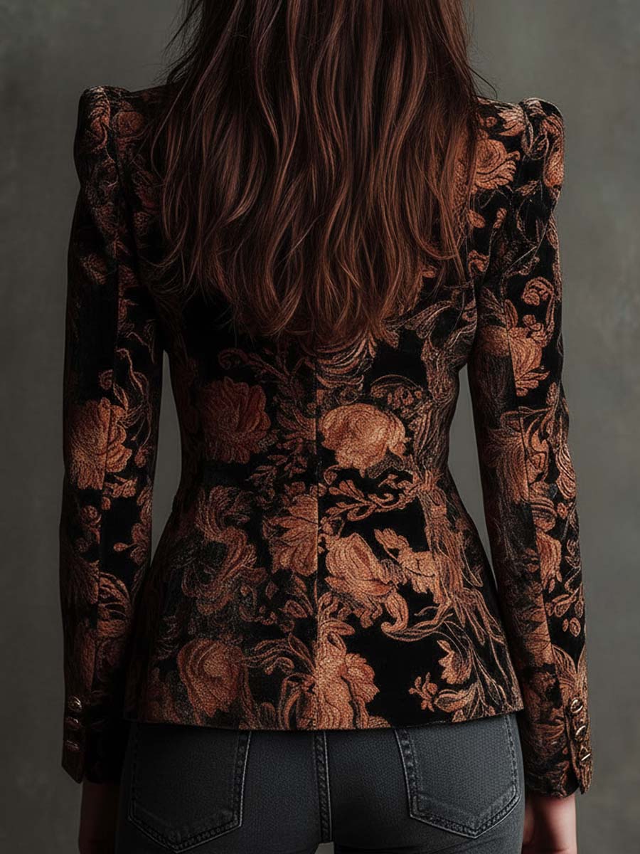 Velvet floral print blazer back view, black with bronze ornament print, structured shoulders
