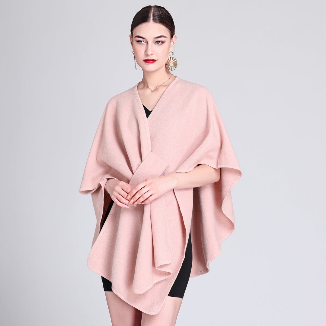 Blush pink fleece cape shawl with V-neck and tied front wrap