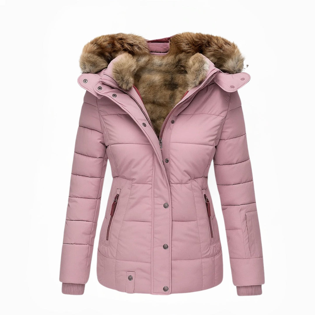 Pink quilted winter coat with tan fur-lined hood and button front