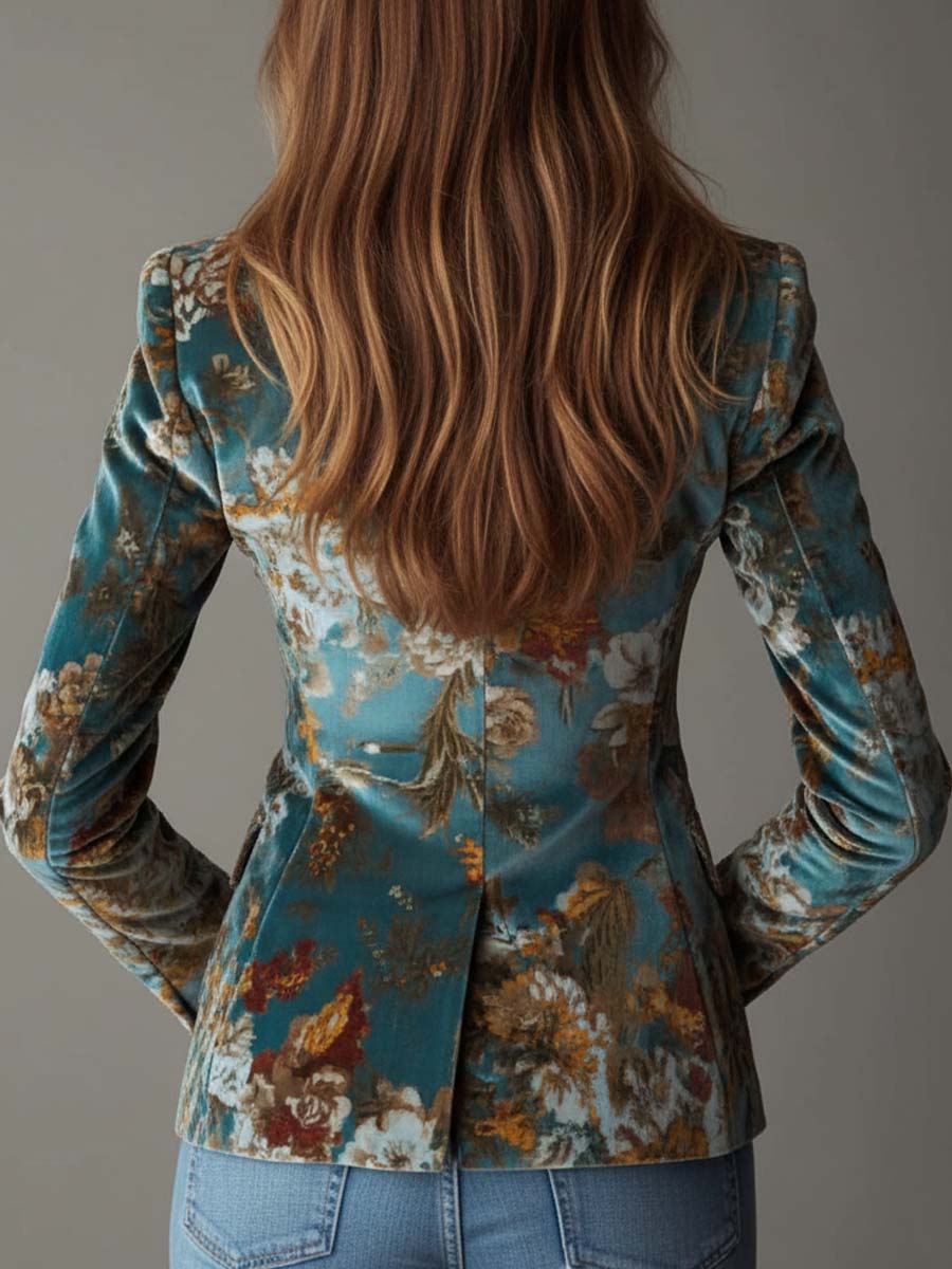 Teal floral velvet tailored blazer back view, long sleeves and fitted seams