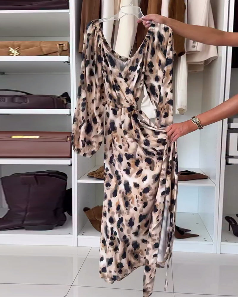 Printed wrap V-neck midi dress, long puff sleeves, leopard print and open side seam
