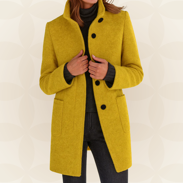Scarlett™ women’s yellow high-collar button coat with flap pockets and long sleeves