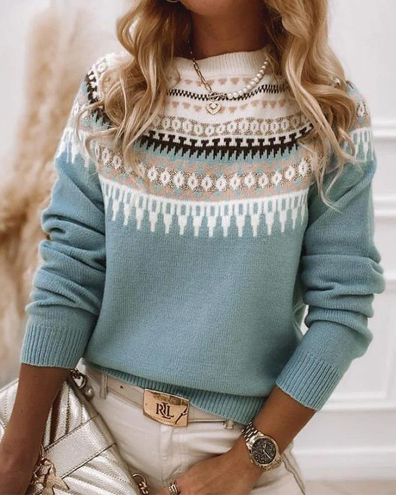 Teal-blue Fair Isle knit jumper with crew neck and long sleeves