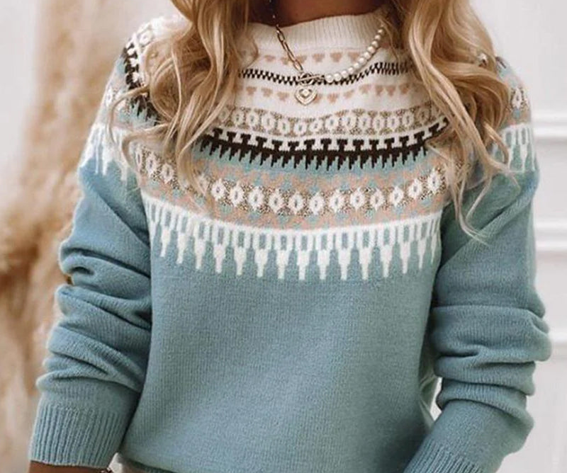 Teal-blue Fair Isle knit jumper with crew neck and long sleeves