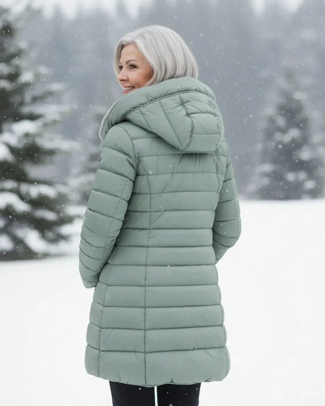 Light green padded winter jacket with gray hood, back view, zip closure.