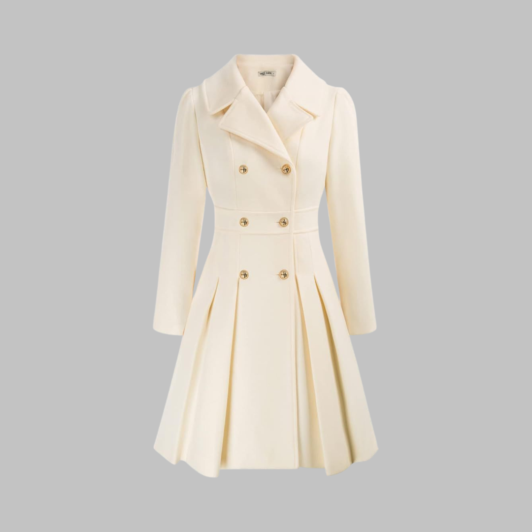 Cream fitted coat with notched lapels, long sleeves, double-breasted gold buttons, pleated skirt