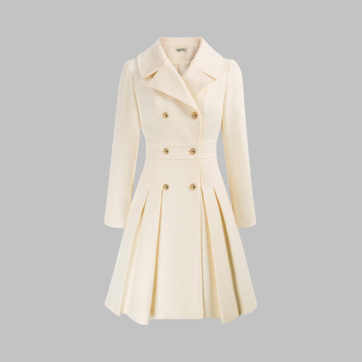 Cream fitted coat with notched lapels, long sleeves, double-breasted gold buttons, pleated skirt