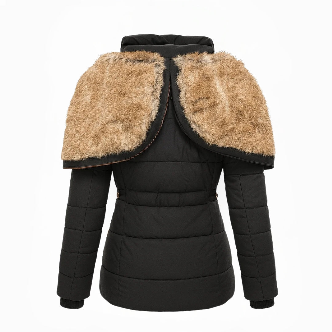 Black quilted winter coat with tan fur hood lining and button front