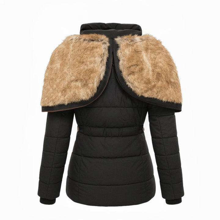 Black quilted winter coat with tan fur hood lining and button front