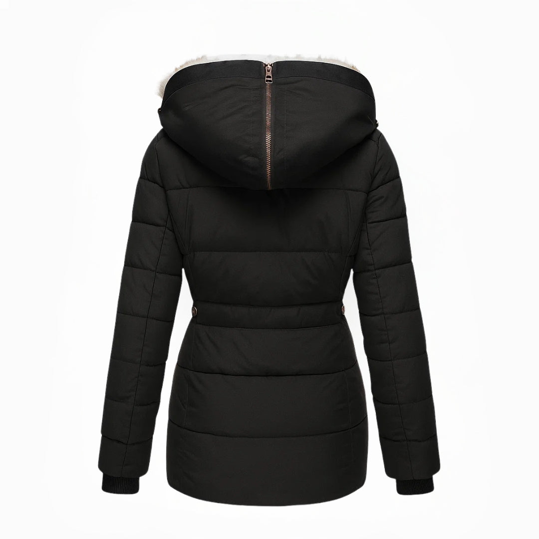 Black quilted winter coat with hood, front zipper, and cinched waist