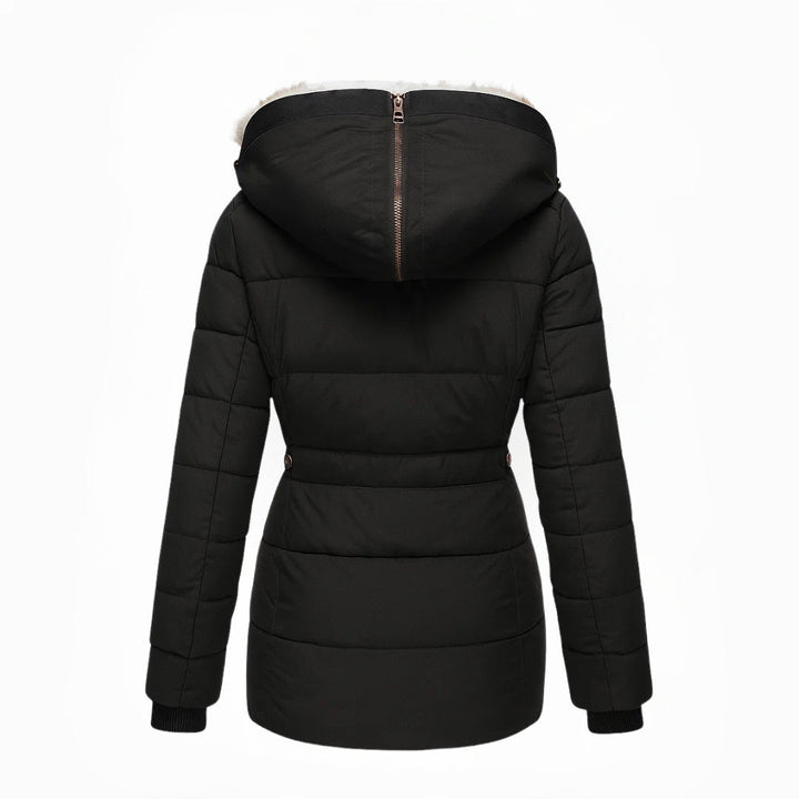 Black quilted winter coat with hood, front zipper, and cinched waist