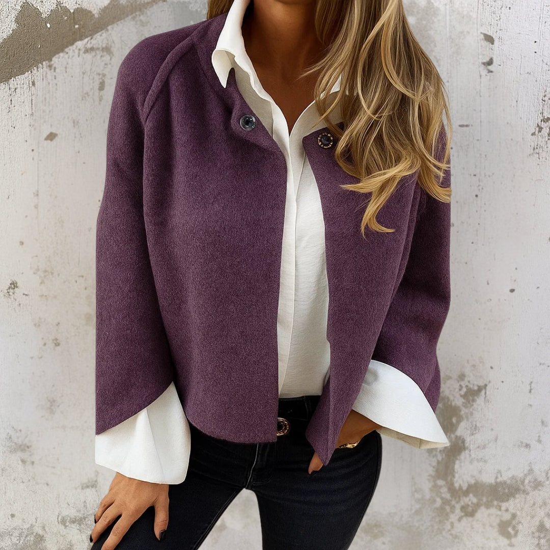 Purple short jacket with button front and wide collar