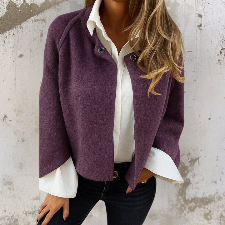 Purple short jacket with button front and wide collar