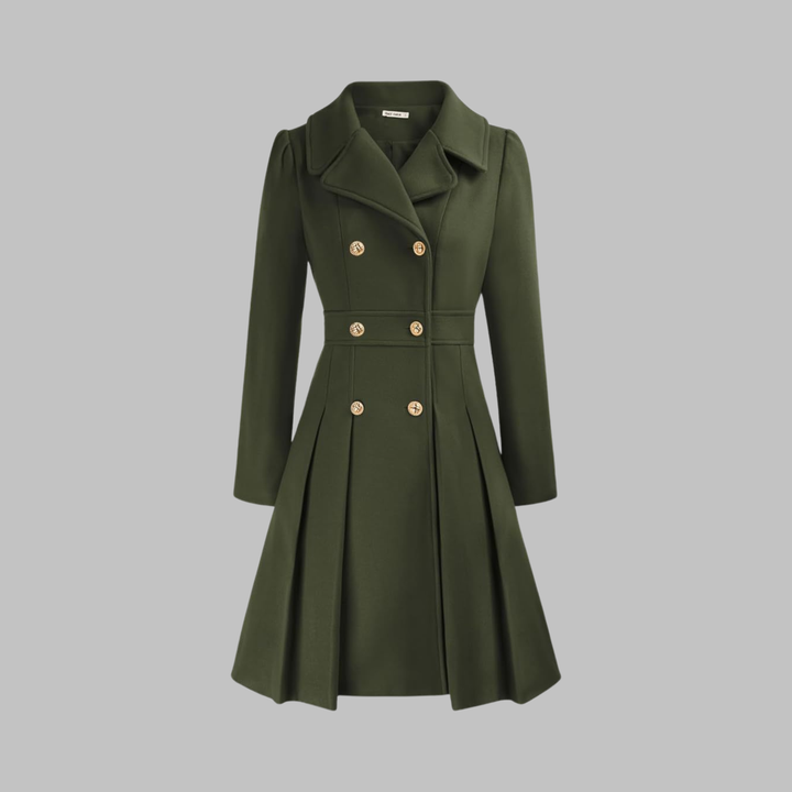 Dark green fitted coat with notched lapels, long sleeves, double-breasted gold buttons, pleated skirt
