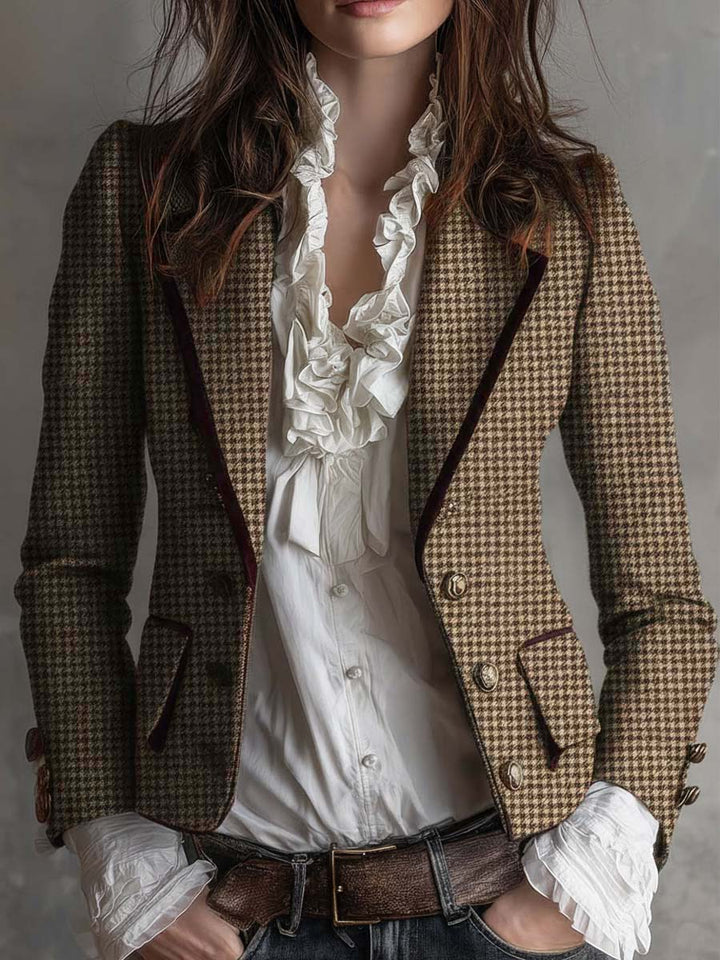 Brown houndstooth tweed blazer with notched lapels and dark trim, single-breasted buttons