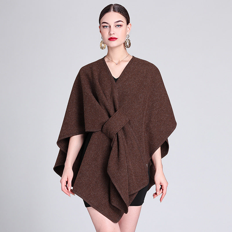 Coffee brown fleece cape shawl with V-neck and knotted tie waist