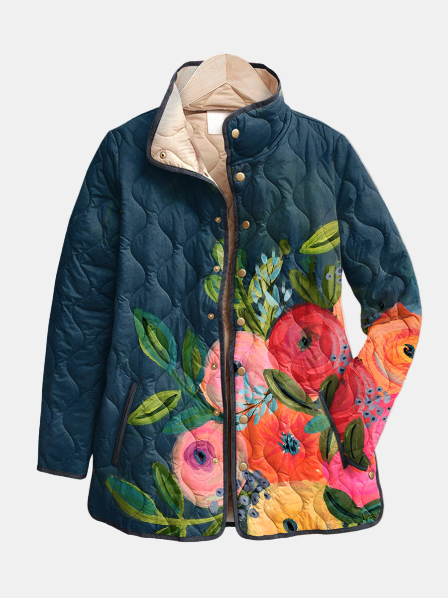 Dark blue quilted jacket with multicolour vintage floral print and button front