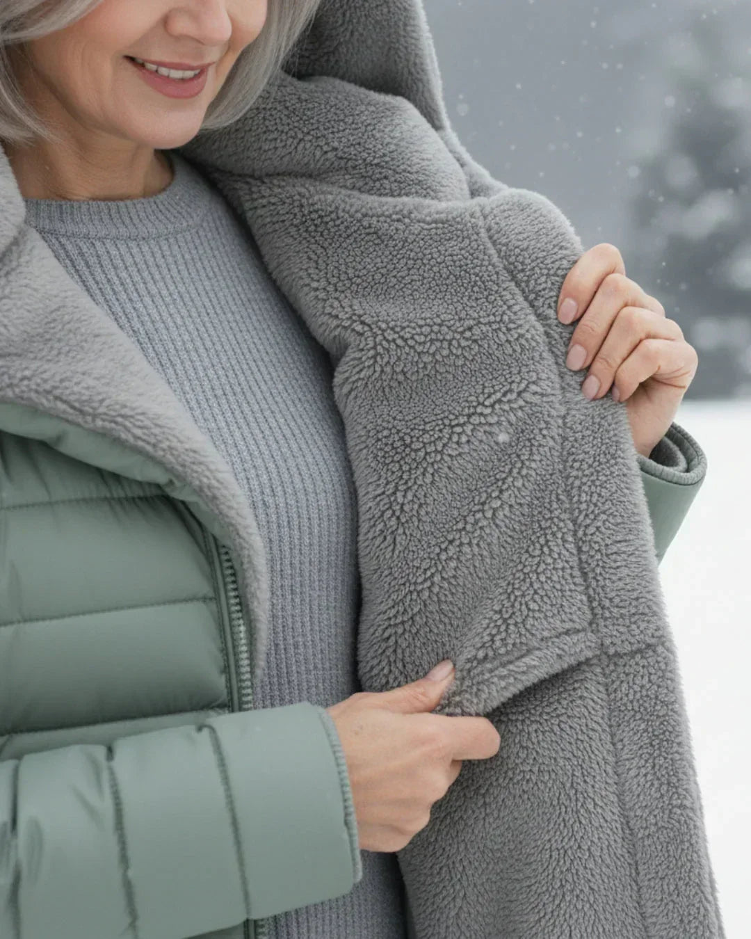 Gray sherpa-lined hood collar on a padded winter jacket, soft textured fleece.