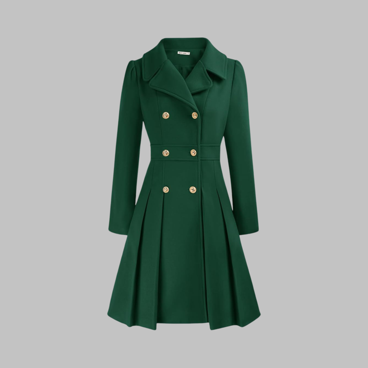 Deep green fitted coat with notched lapels, long sleeves, double-breasted gold buttons, pleated skirt