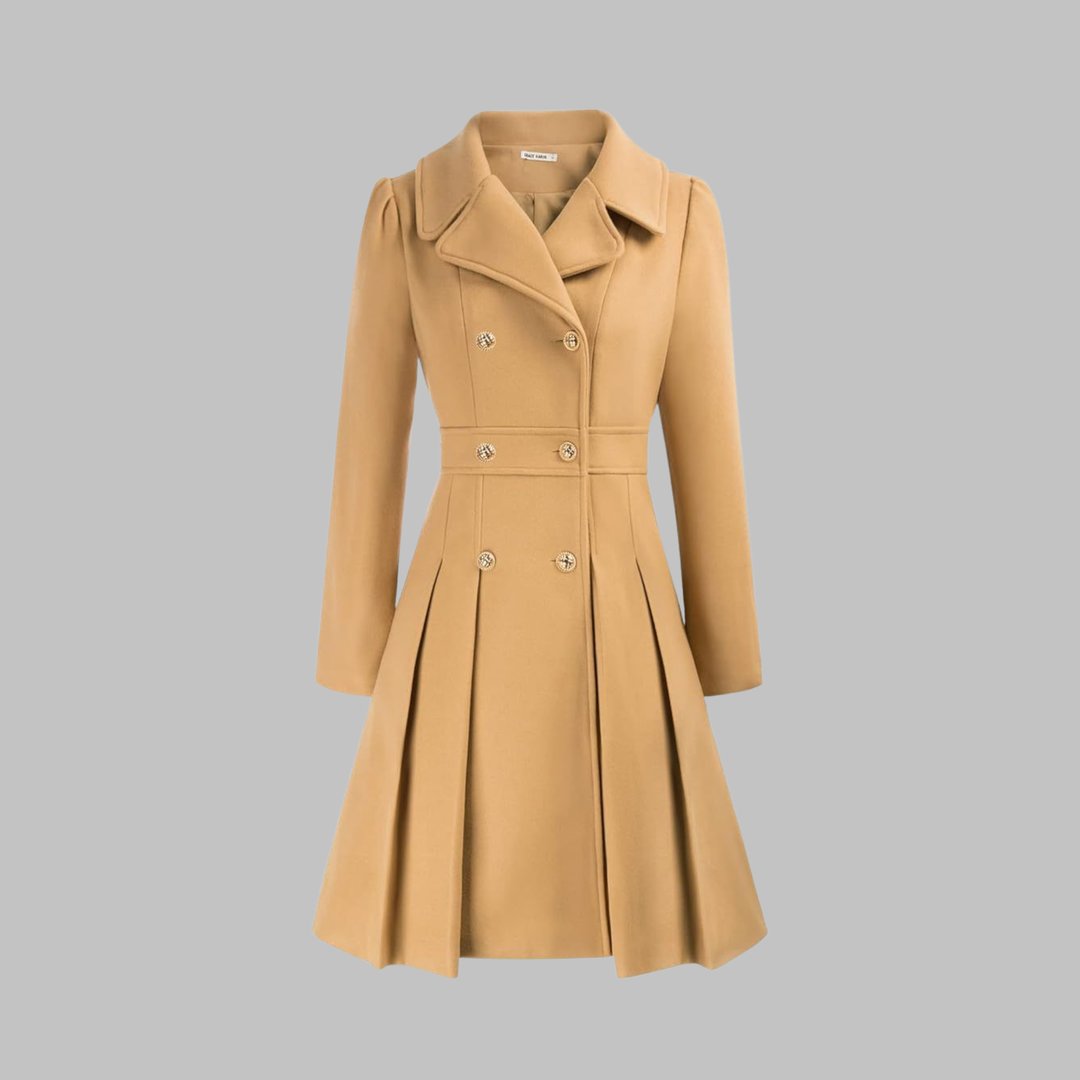 Camel fitted coat with notched lapels, long sleeves, double-breasted gold buttons, pleated skirt