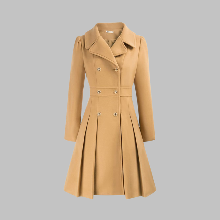 Camel fitted coat with notched lapels, long sleeves, double-breasted gold buttons, pleated skirt