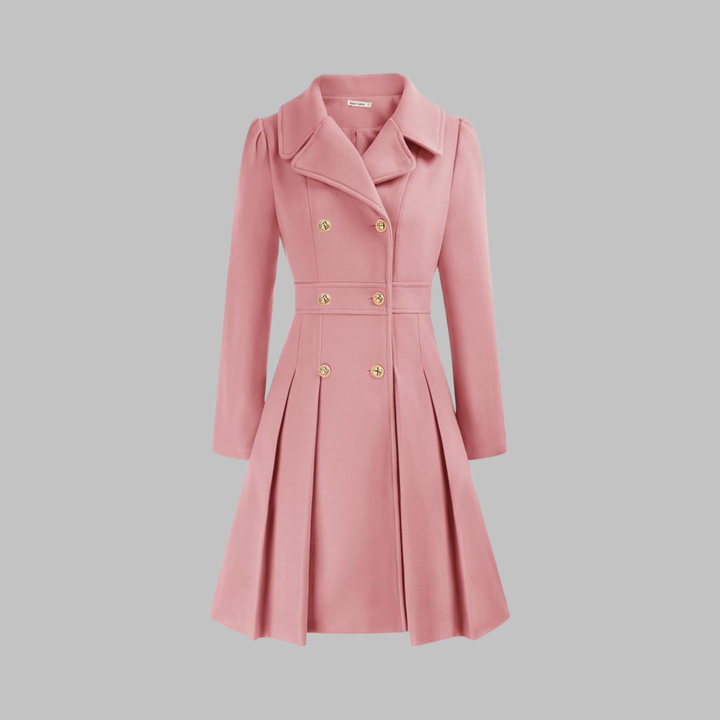 Light pink fitted coat with notched lapels, long sleeves, double-breasted gold buttons, pleated skirt