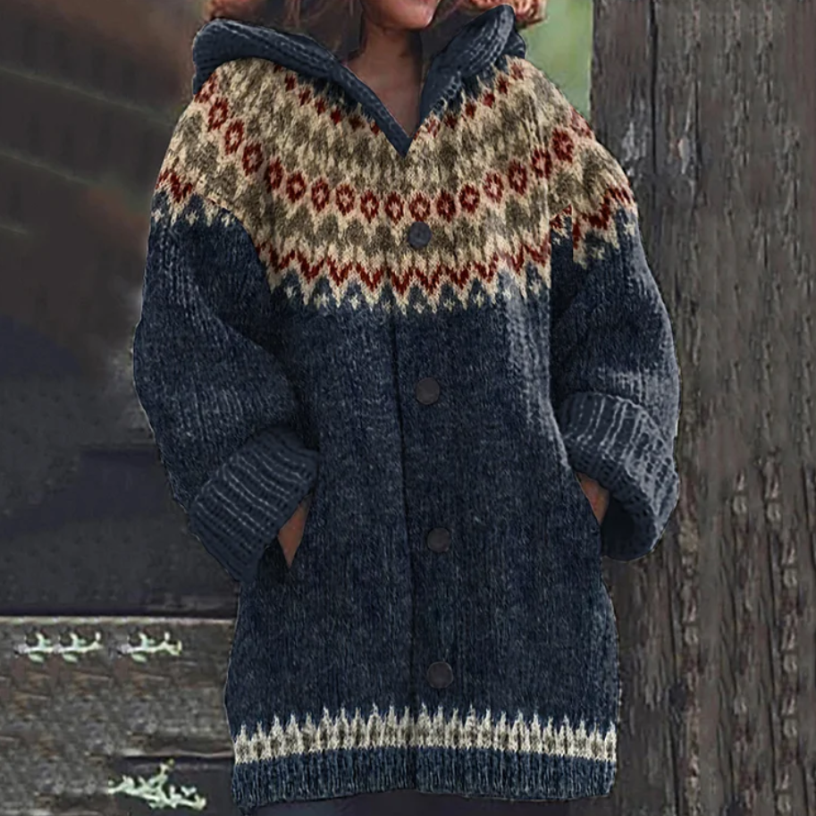 IRIS lightweight drape vest, dark navy hooded knit with fair isle yoke and button front