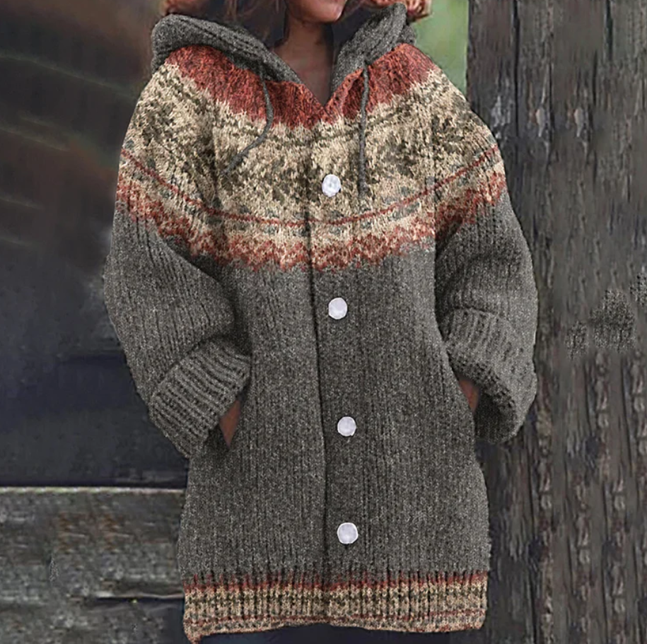 Multicolor knit hooded cardigan with front button placket and ribbed cuffs