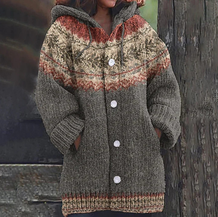 Hooded knit vest with button front, mottled gray and rust patterned