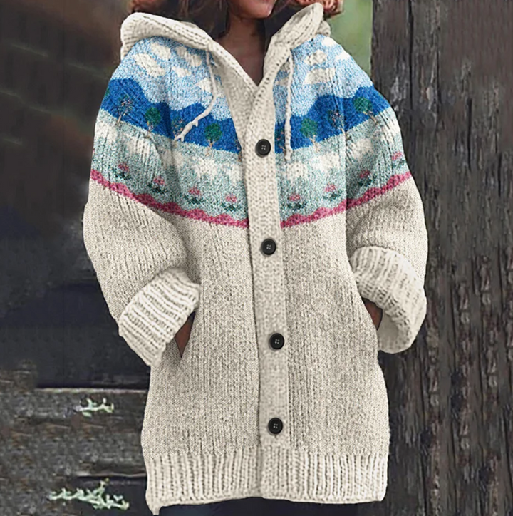 BARBARA cozy knit jacket with hood, cream body and blue geometric fair-isle, button front