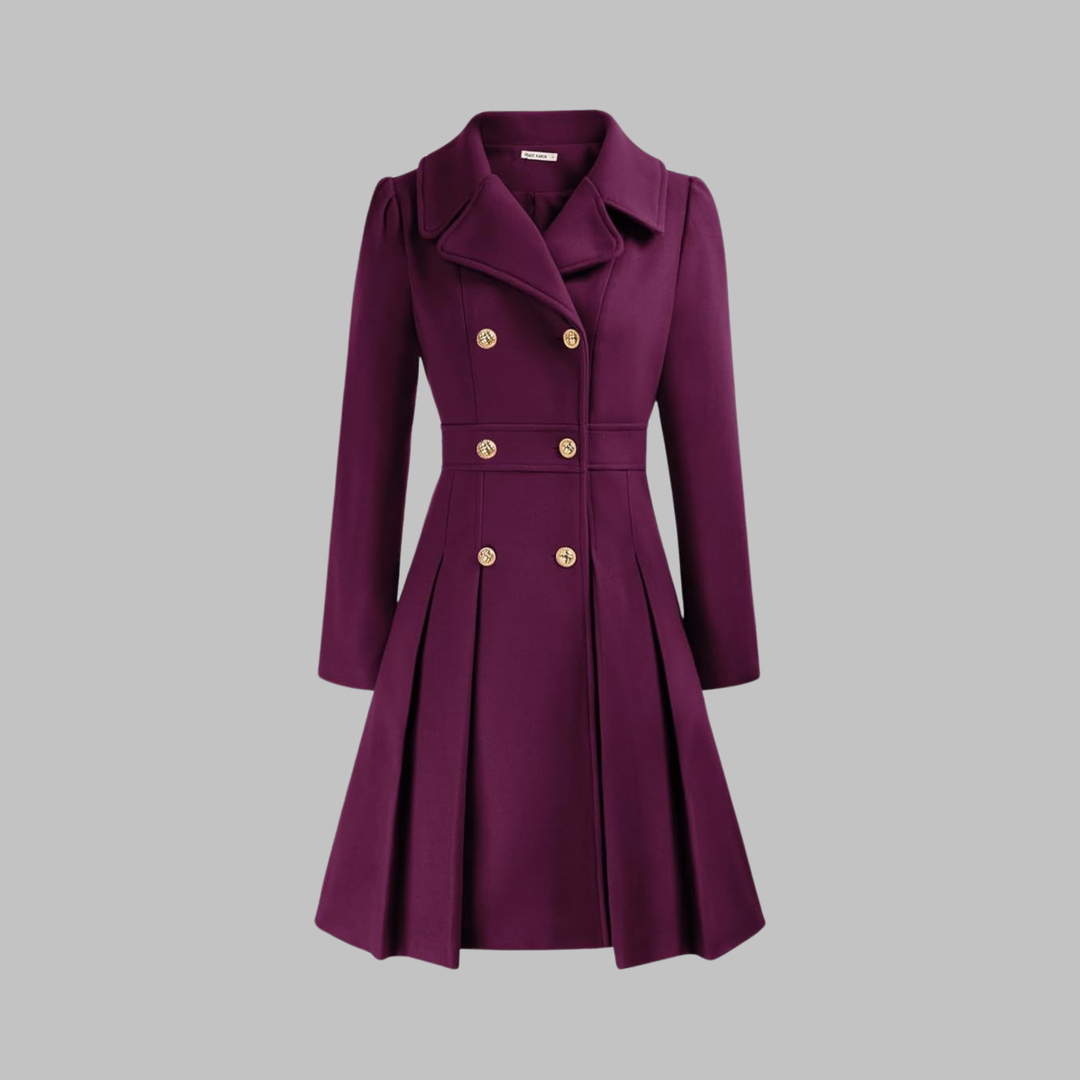 Burgundy fitted coat with notched lapels, long sleeves, double-breasted gold buttons, pleated skirt