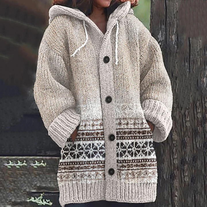 BARBARA cozy knit jacket with hood, heather cream and brown/black fair-isle hem, buttons