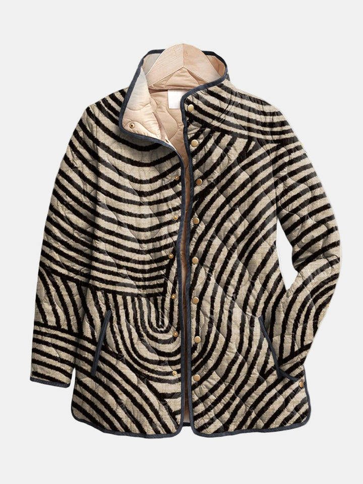 Lowen™ retro quilted jacket close-up, black-and-cream striped circle pattern, button front