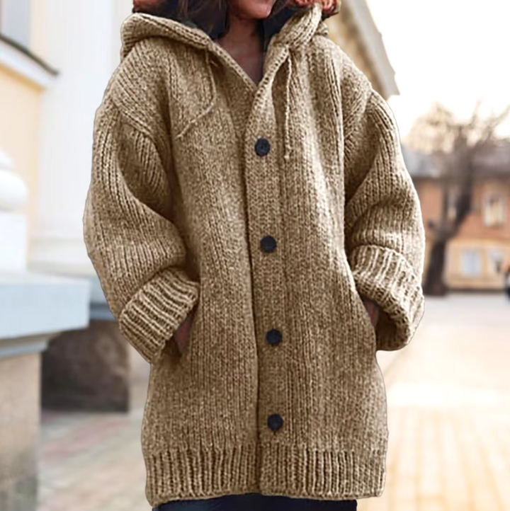 Light brown hooded knit cardigan with button front and ribbed cuffs and hem
