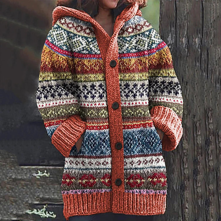 Multicolor striped knit hooded vest with button front and ribbed cuffs